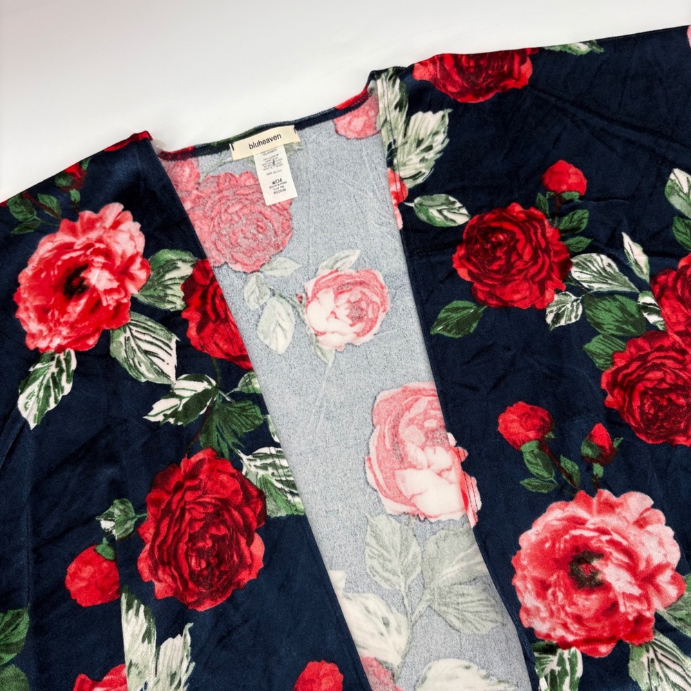Blu Heaven Women's M Floral Kimono Velvet Cardigan Red Roses Navy Blue Fringe